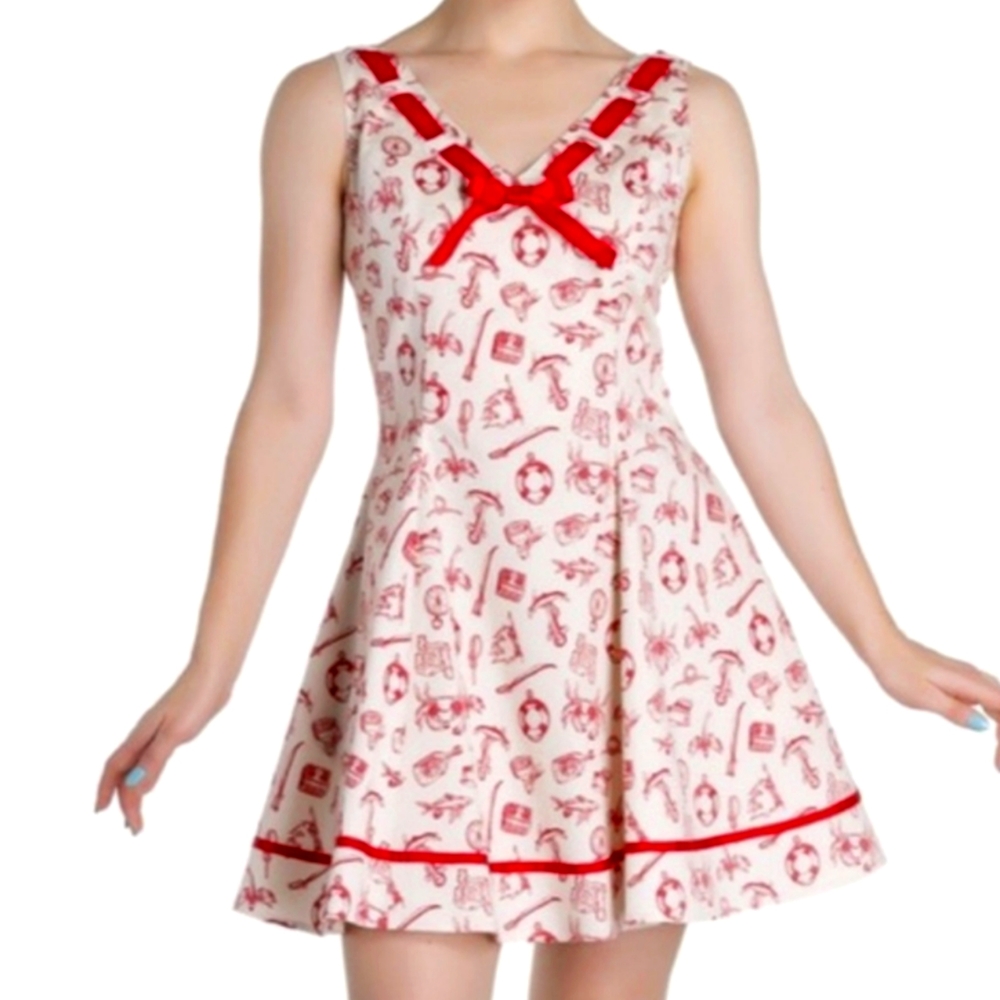 Hell Bunny Nautica Pinupl Dress with Pockets & Ribbon XS